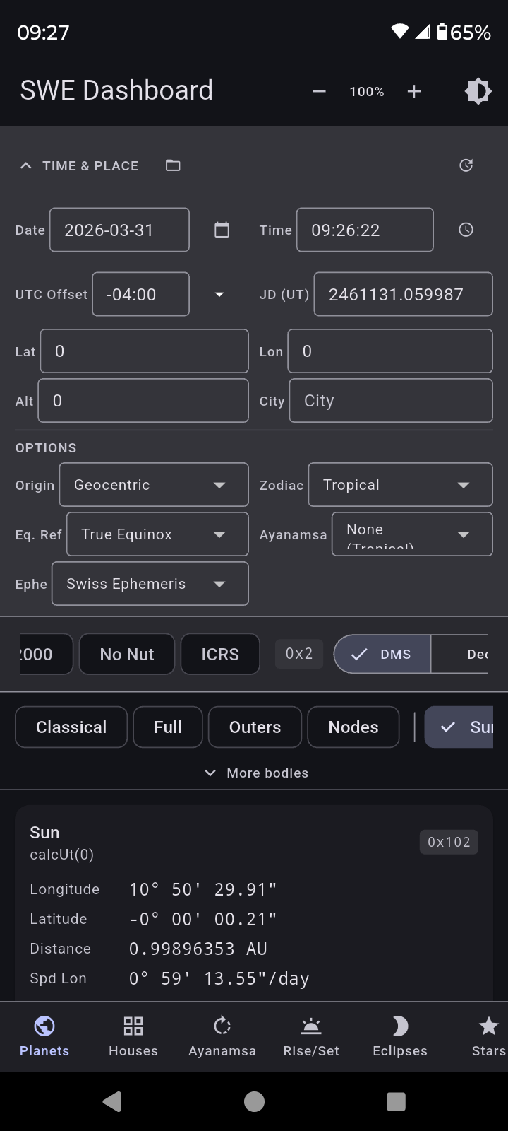 Ephemeris Dashboard — planetary positions