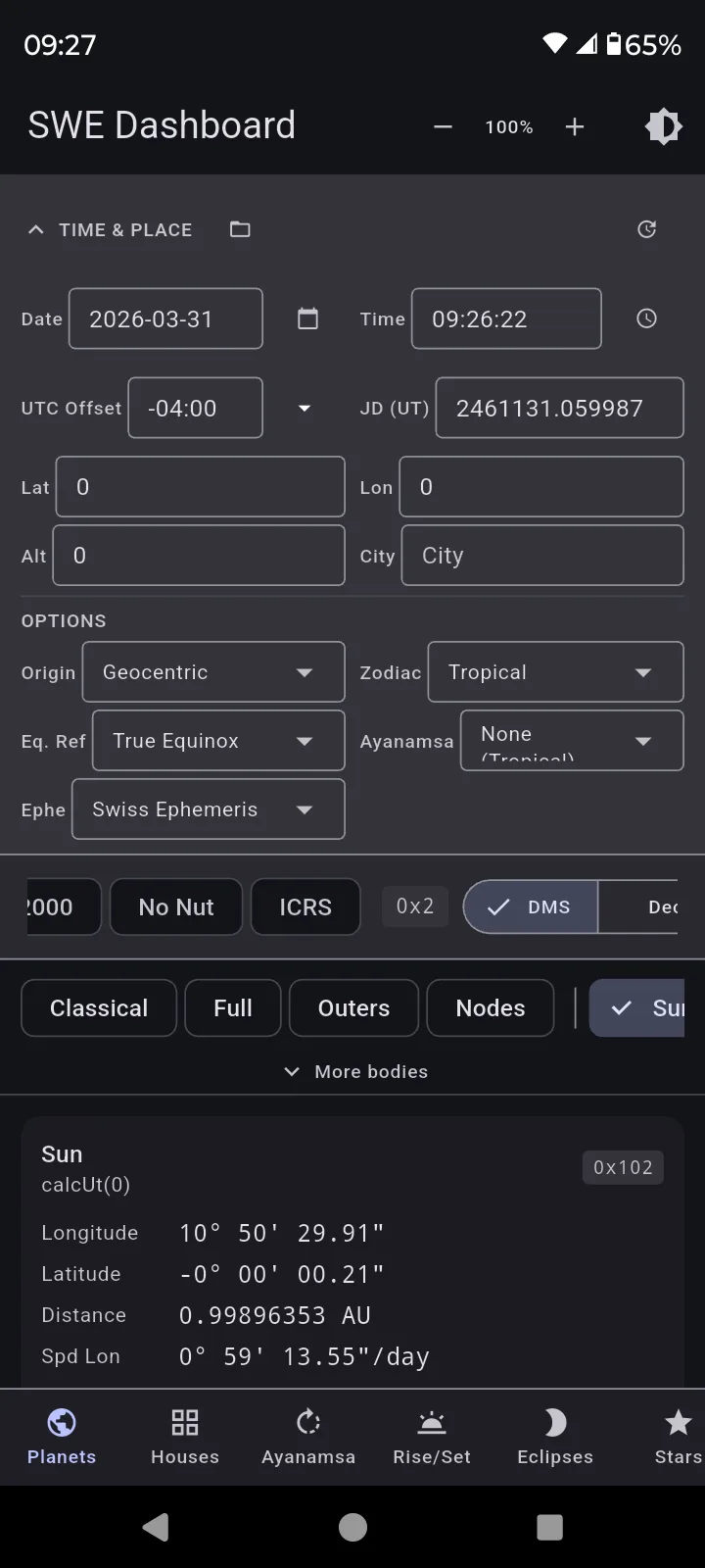 Ephemeris Dashboard — planetary positions