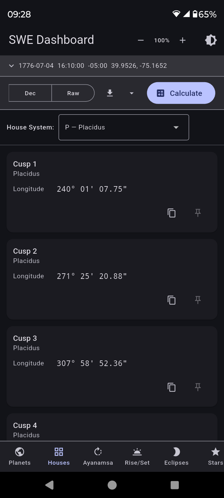 Ephemeris Dashboard — house cusps