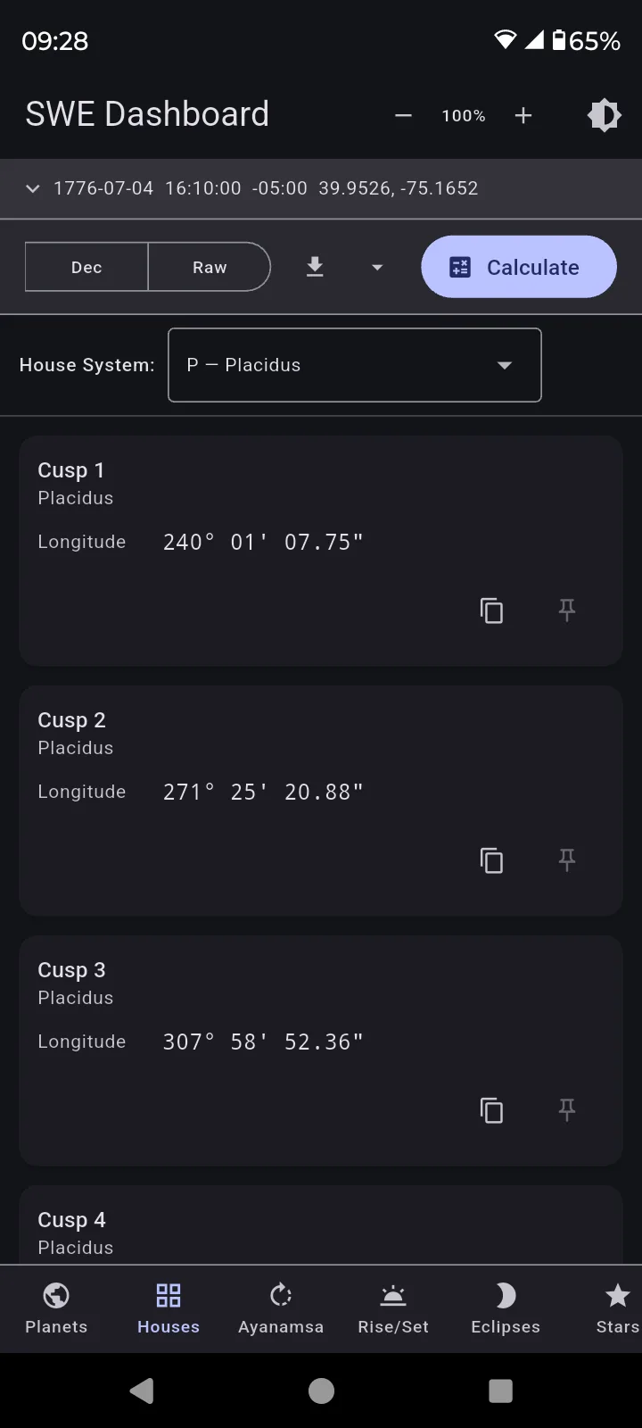 Ephemeris Dashboard — house cusps